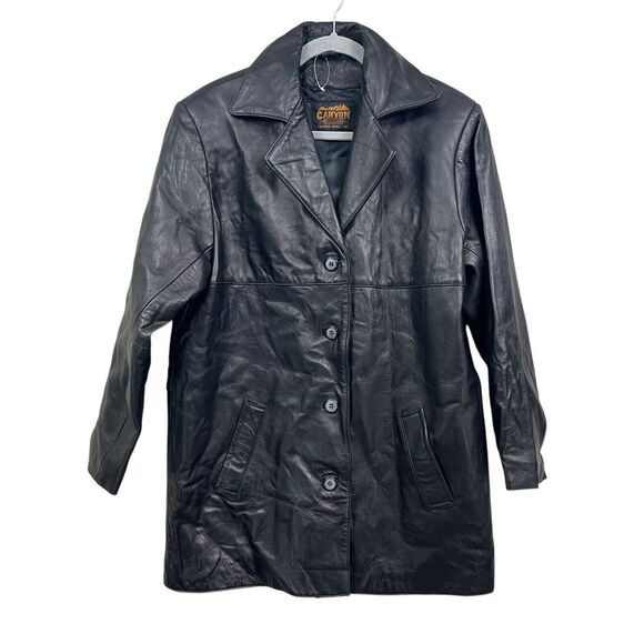 Canyon Outback Mens Lamb Leather Jacket Collared Button Pockets Black Sz L - Picture 1 of 5